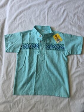 Kids Aqua Short-Sleeve Button-Front Shirt with Embroidered Chest Band